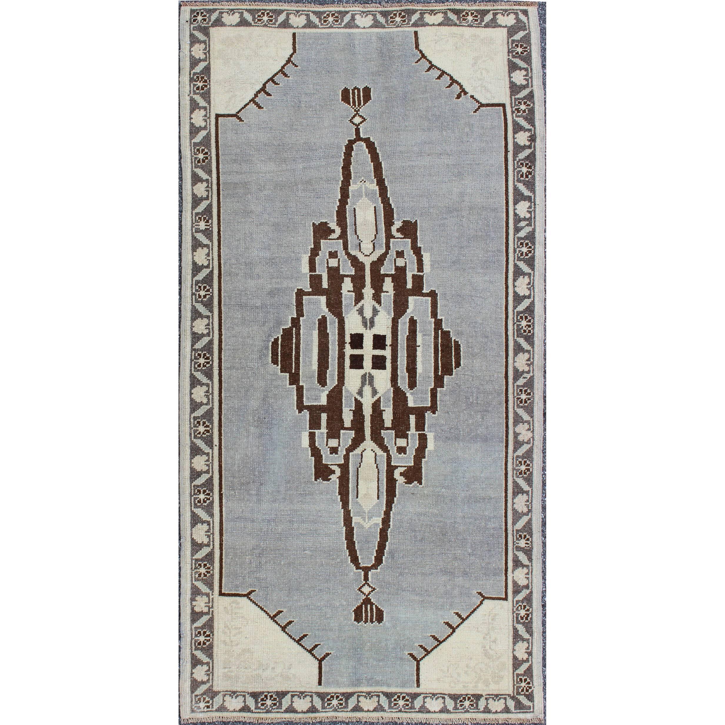 Vintage Turkish Oushak Rug with Central Medallion and Floral Borders in Ice Blue