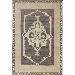 Vintage Turkish Oushak Rug with Central Medallions and Floral Borders in Brown 10