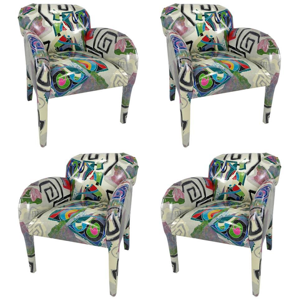 Set of Four Donghia Lounge Chairs in Original Hand-Painted Fabric