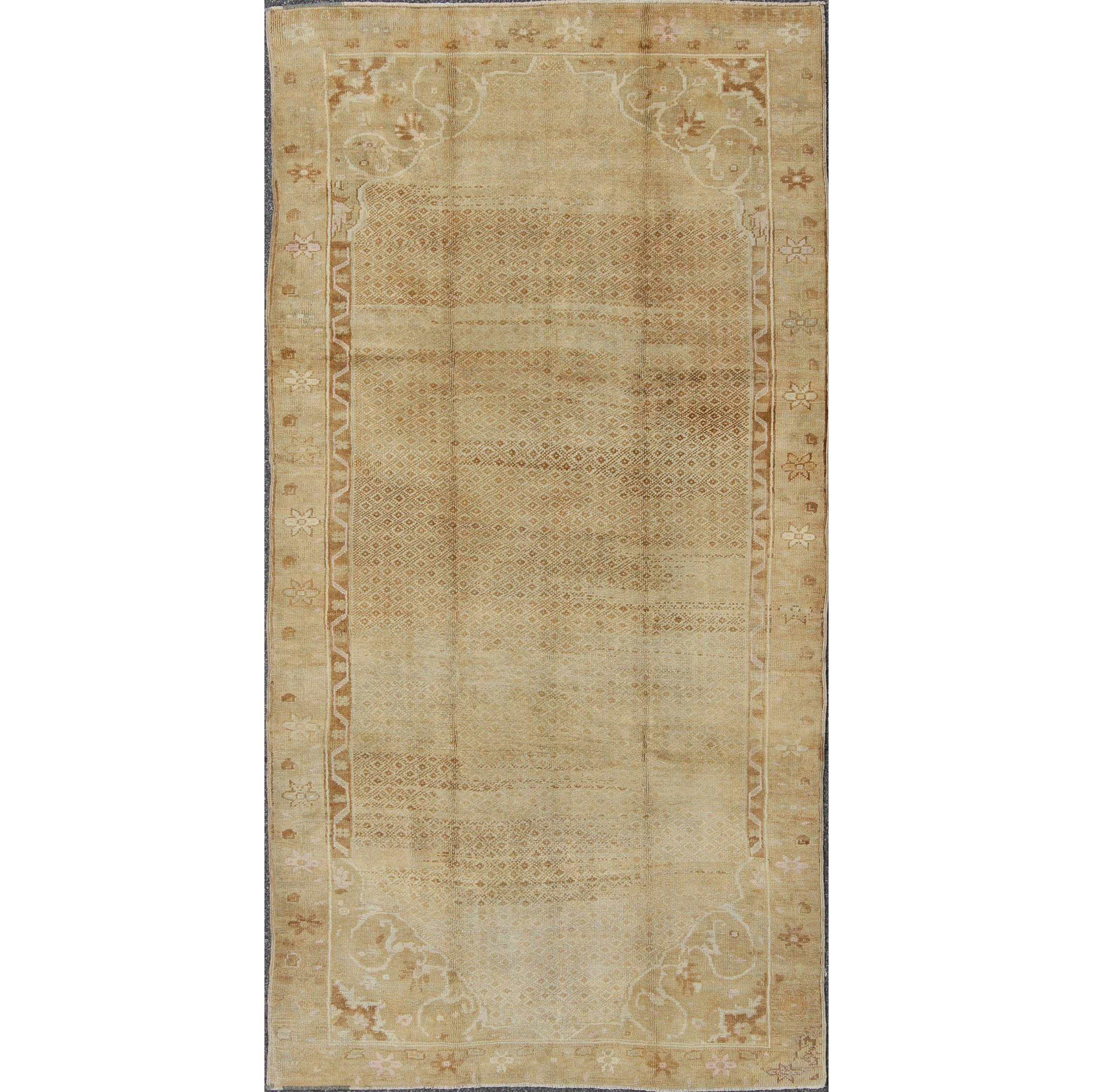 Tan Vintage Turkish Oushak Rug with All-Over Diamond Design and Floral Border For Sale