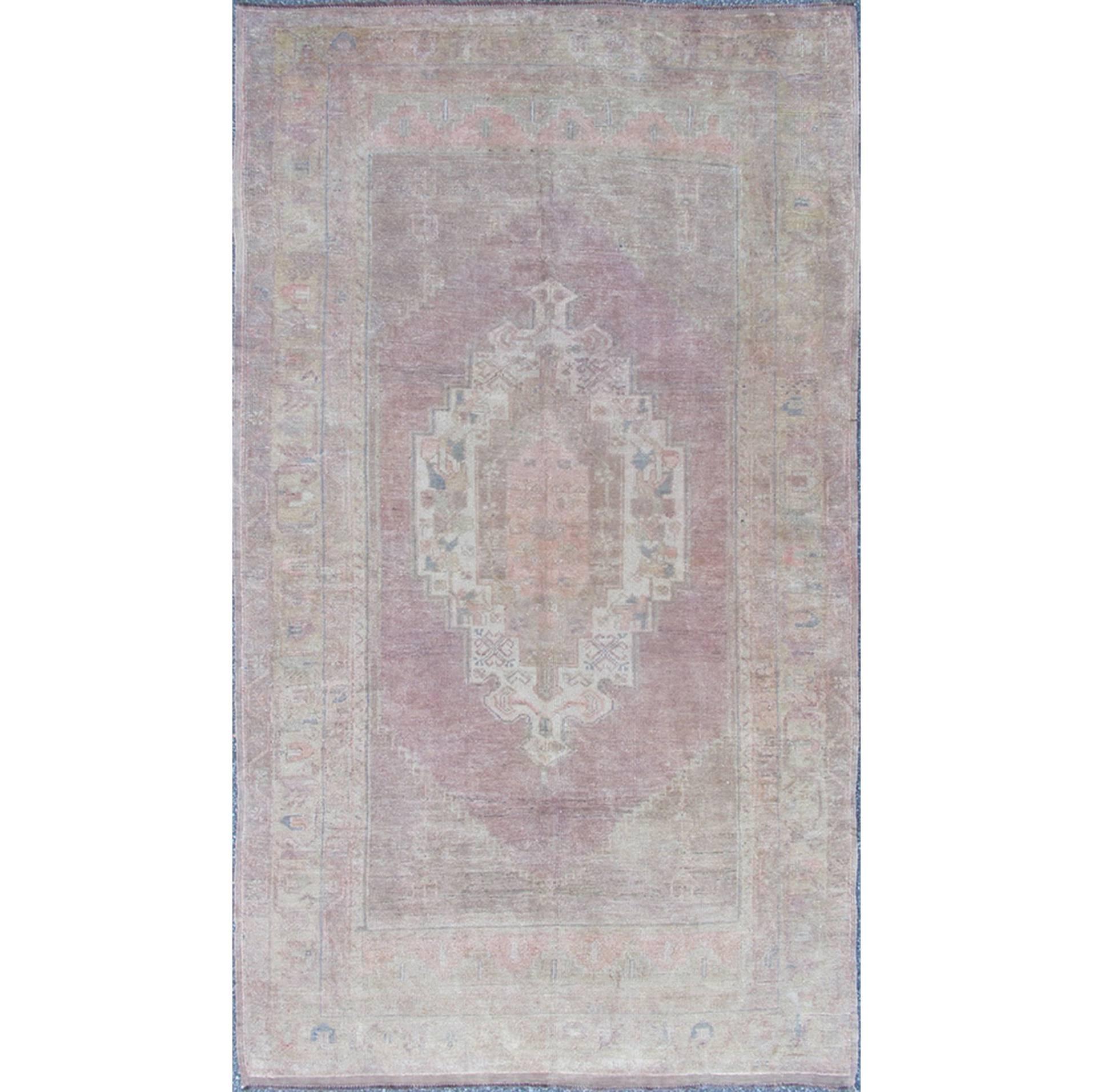 Vintage Muted Oushak Rug from Turkey with Medallion in Lavender and Light Pink For Sale