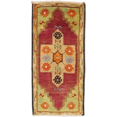 Small Vintage Turkish Oushak Rug with Red, Yellow Cross-Shaped Floral Medallion