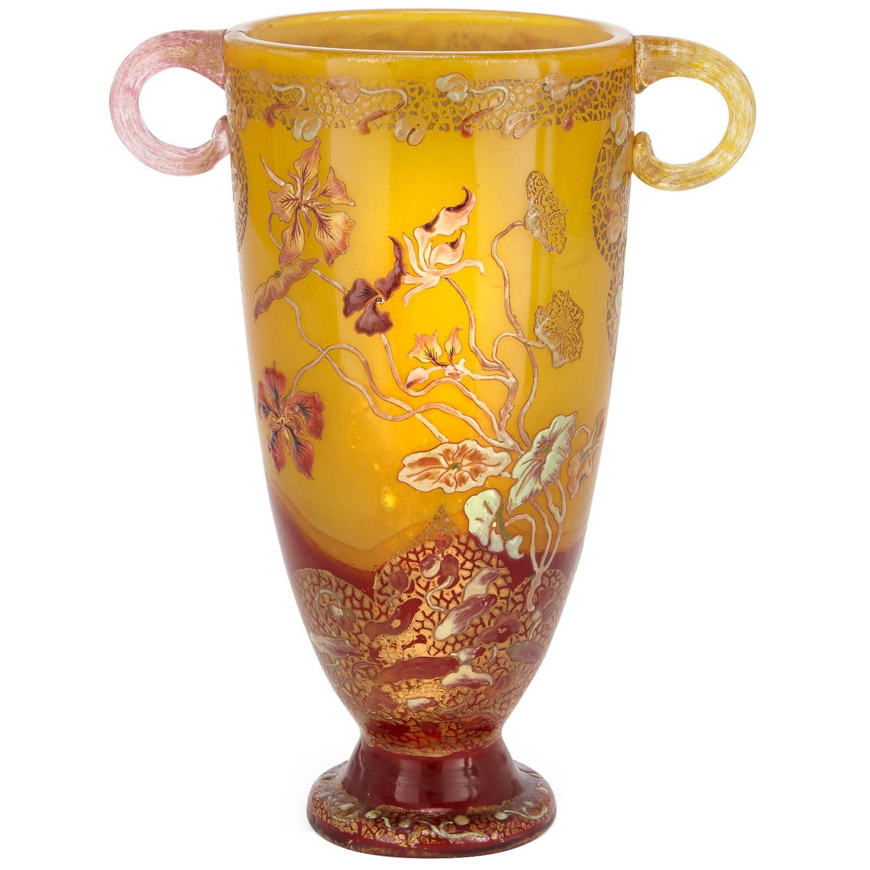 Antique Art Nouveau Style Yellow Glass Vase with Twin Handles by Emile Gallé