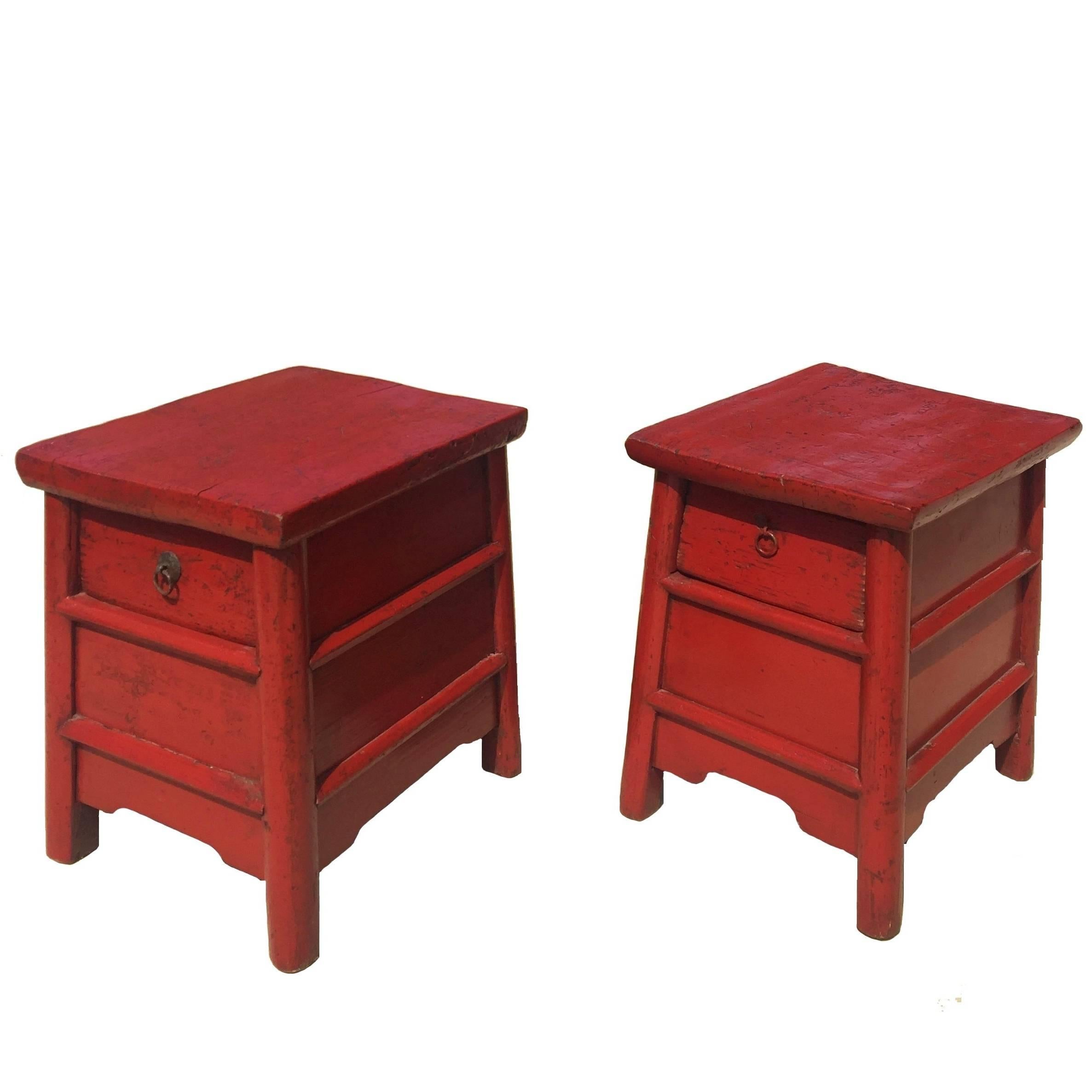 Pair of 19th Century Red Lacquer Country Stools, Chinese Antique Stools