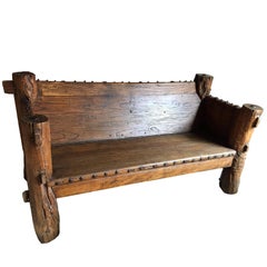 Rustic Log Bench with Iron Studs, Antique Solid Wood, Substantial