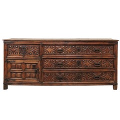 Exquisite 18th Century Spanish Sacristy Chest with Carved Wood Detailed Pattern