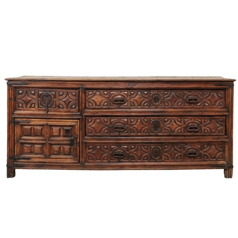 Exquisite 18th Century Spanish Sacristy Chest with Carved Wood Detailed