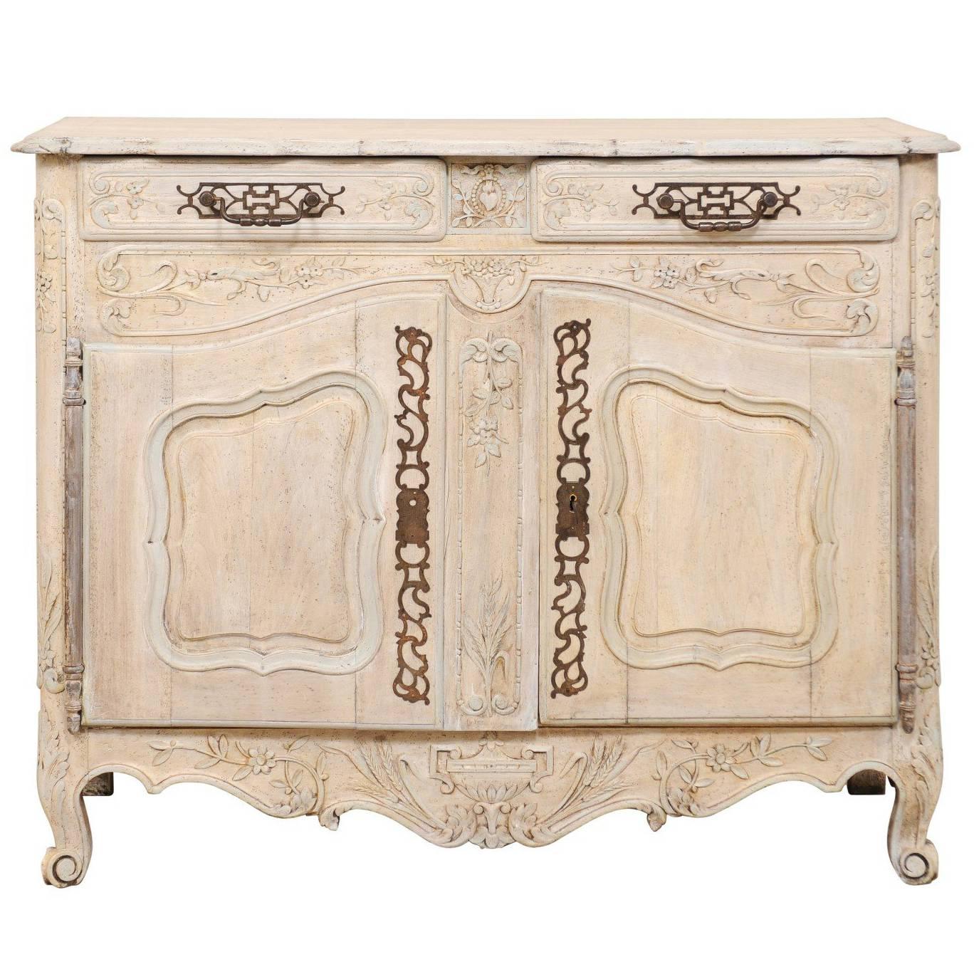 French 19th C. Carved and Painted 2-Door Buffet, Adorn with Beautiful Hardware