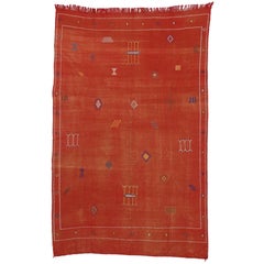 Cactus Silk Vintage Moroccan Kilim Rug, Red-Orange Flat-Weave