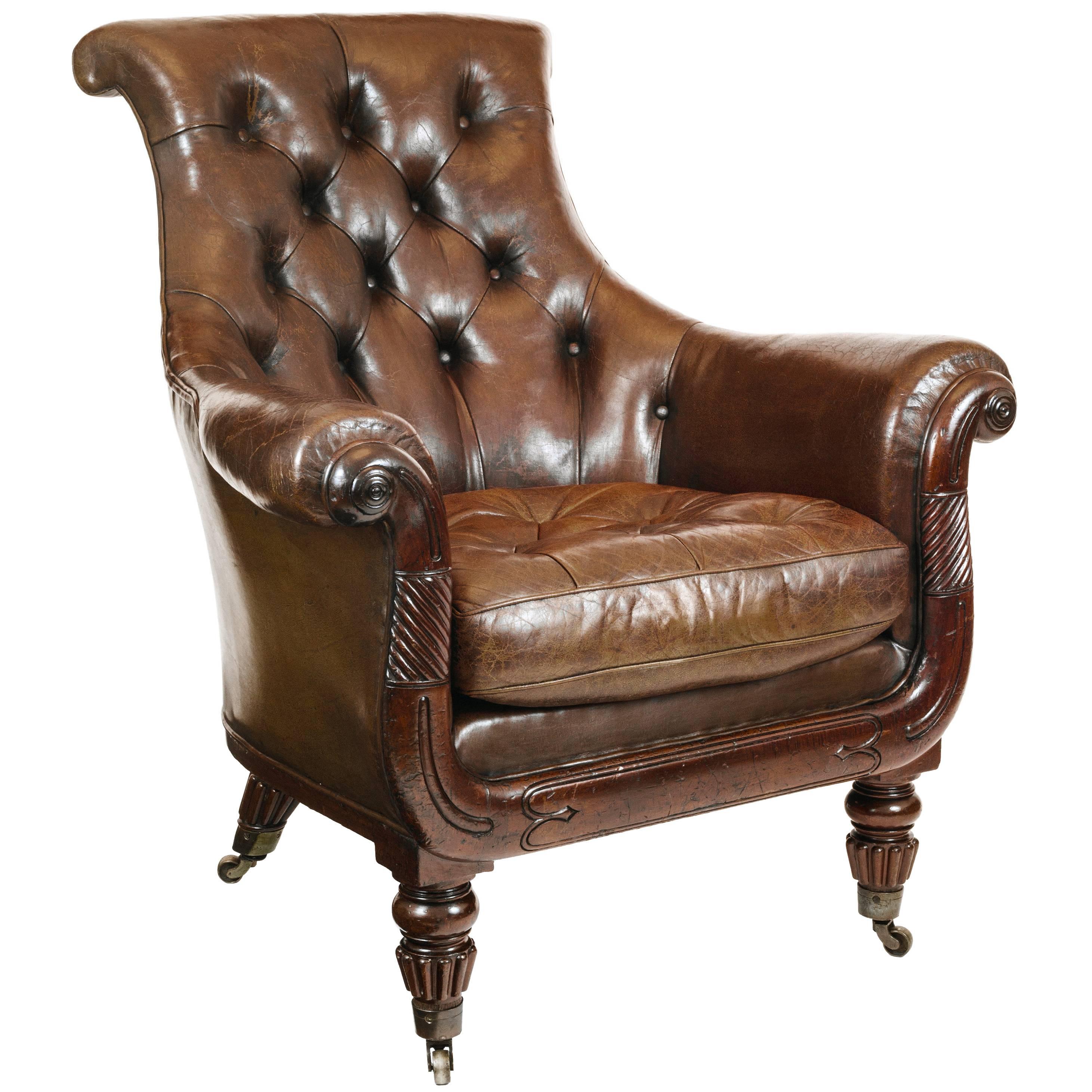 19th C English Regency Mahogany and Buttoned Brown Leather Library Club Armchair