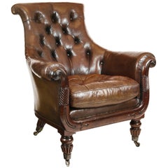 Antique 19th C English Regency Mahogany and Buttoned Brown Leather Library Club Armchair