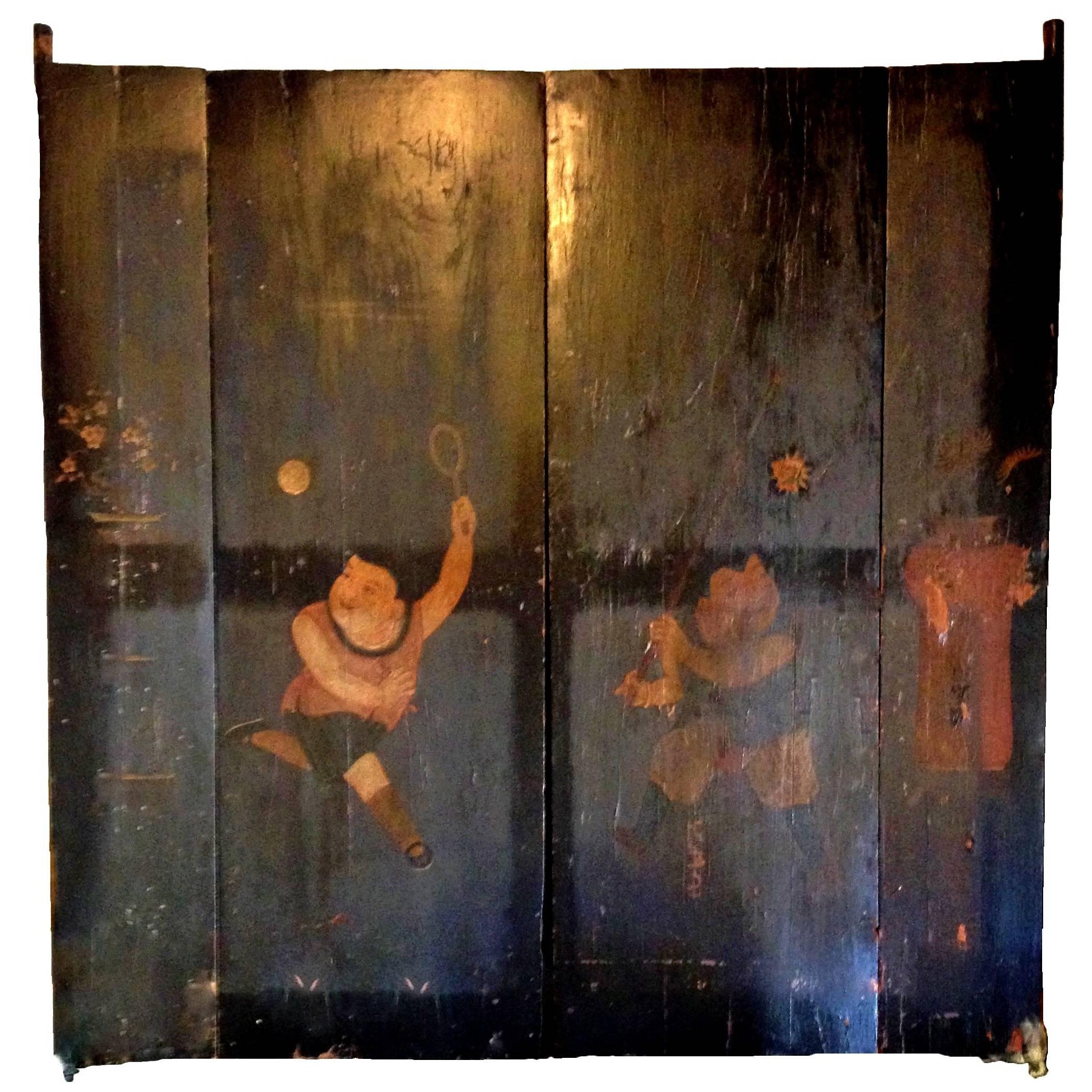 Pair of Antique Black Lacquered Doors, with Painted Images of Children