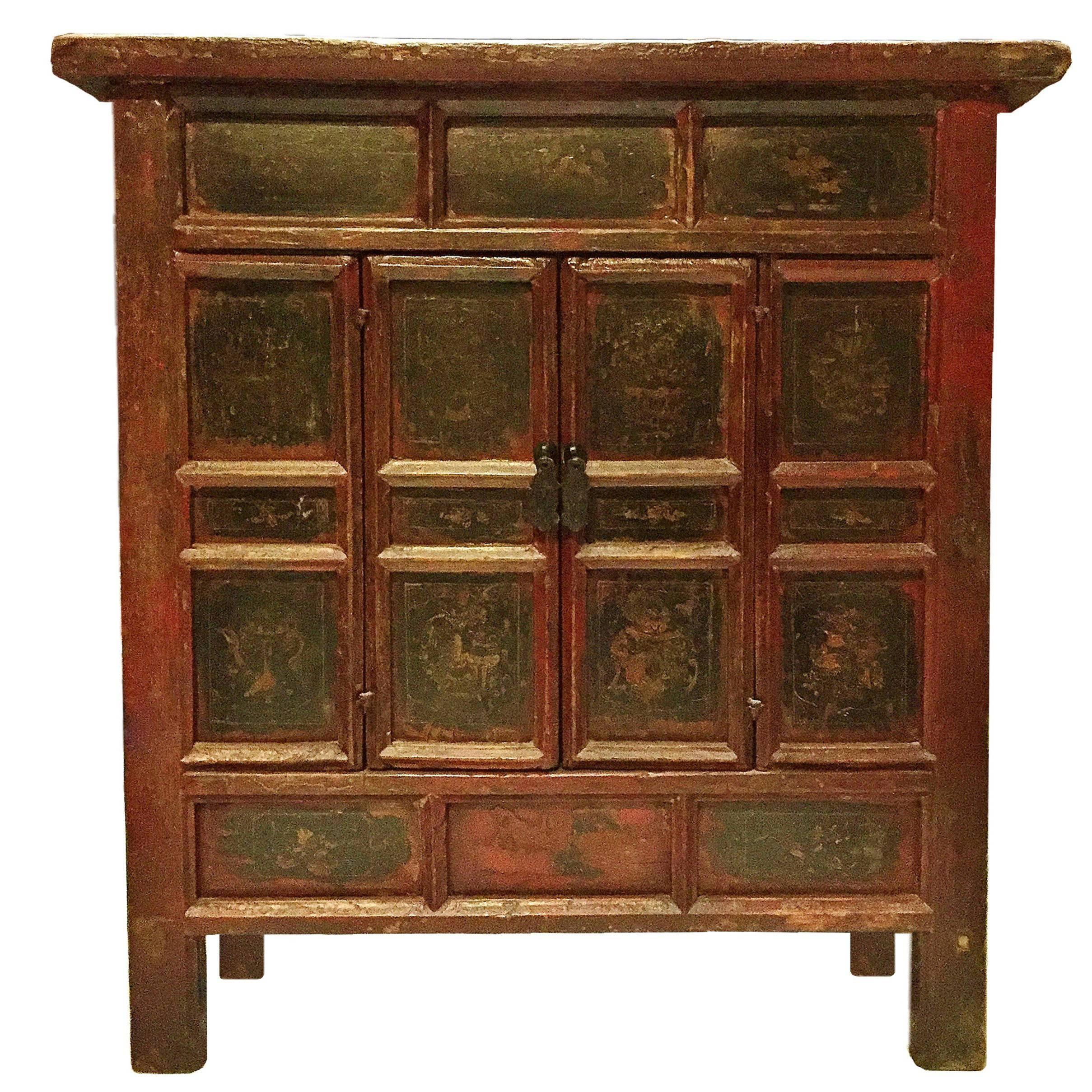 Early 19th Century Red and Black Chest with Very Old Original Paintings