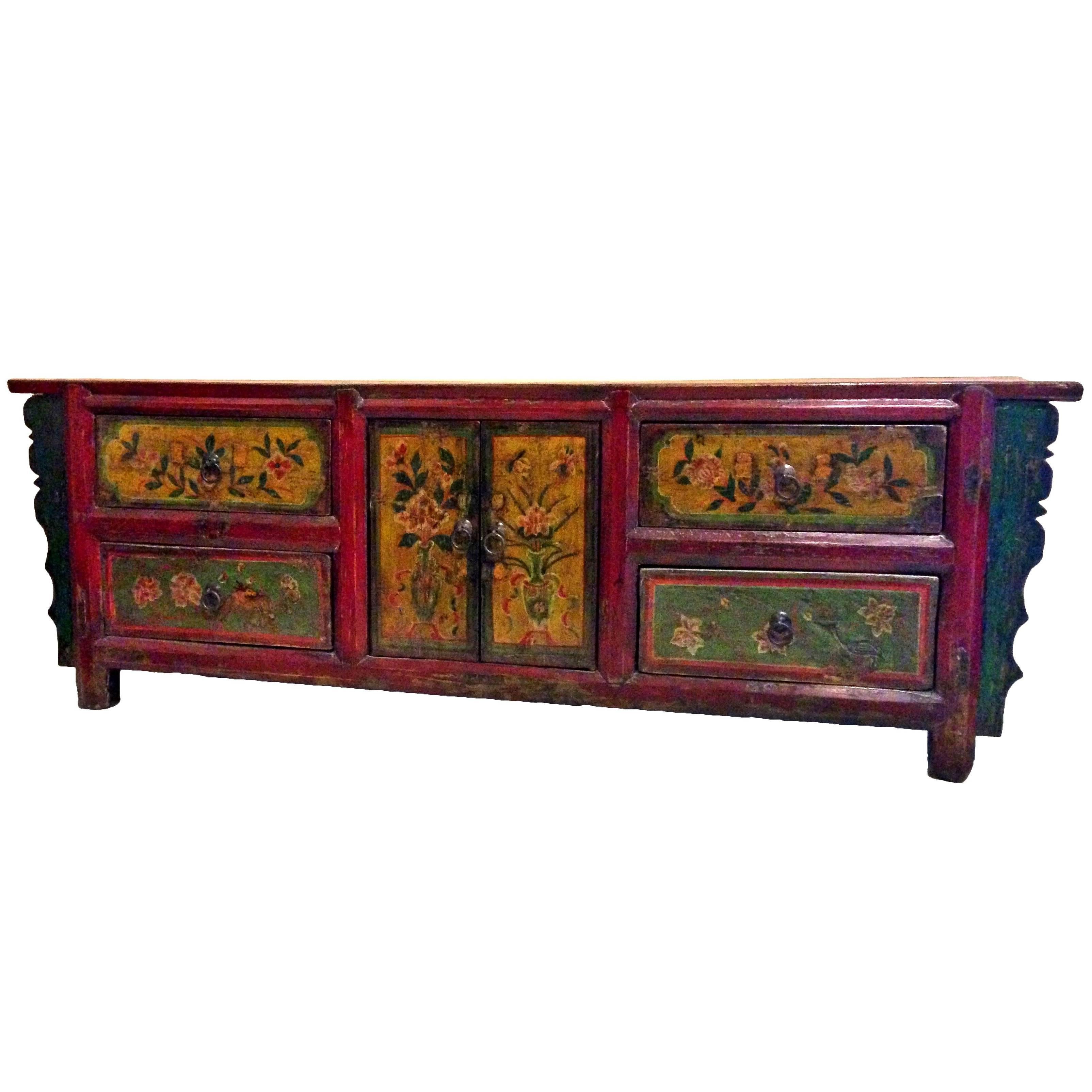 Antique Tribal Chest, Painted with Cranes and Deer