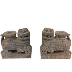 Vintage Pair of Stone Foo Dogs Candle Holder Garden Statues