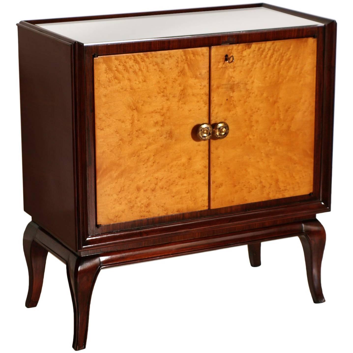 1930s Art Deco Dry Bar Cabinet, Mahogany, Burl Elm, Mirror Internal, Glass Top For Sale