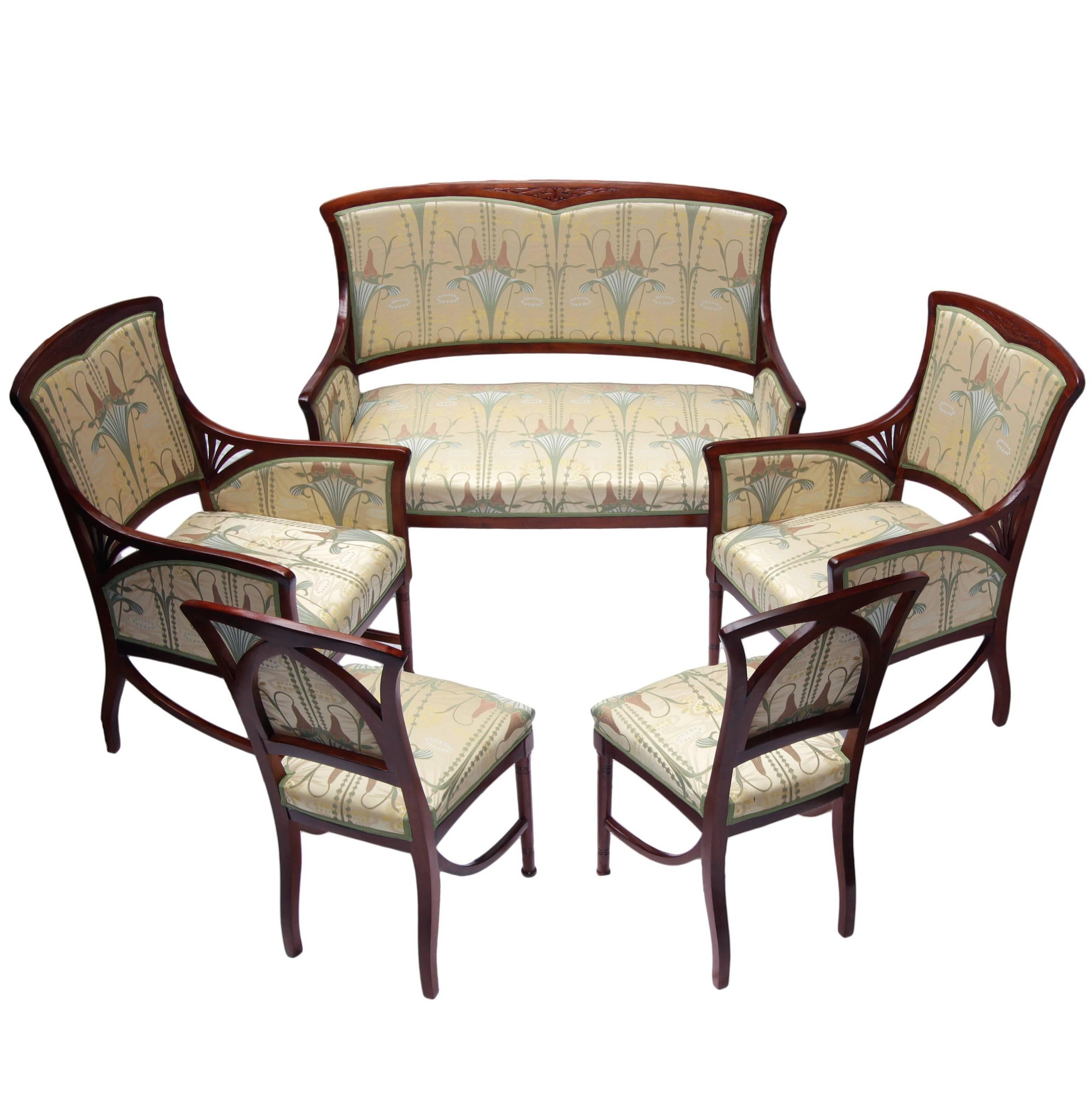 Art Nouveau Mahogany Seating Group, Set of Five