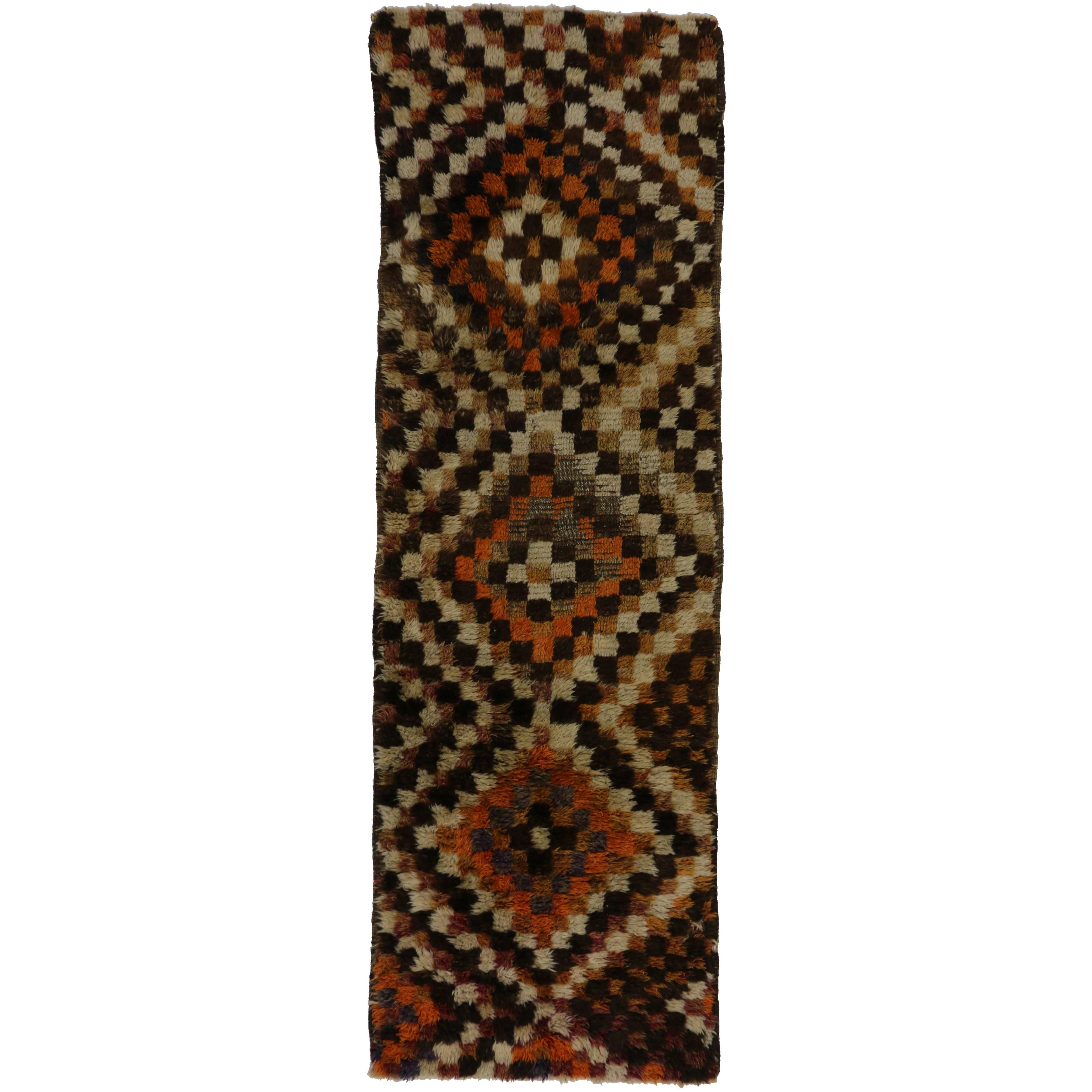 Vintage Turkish Tulu Runner with Checker Pattern and Bauhaus Cubism Style