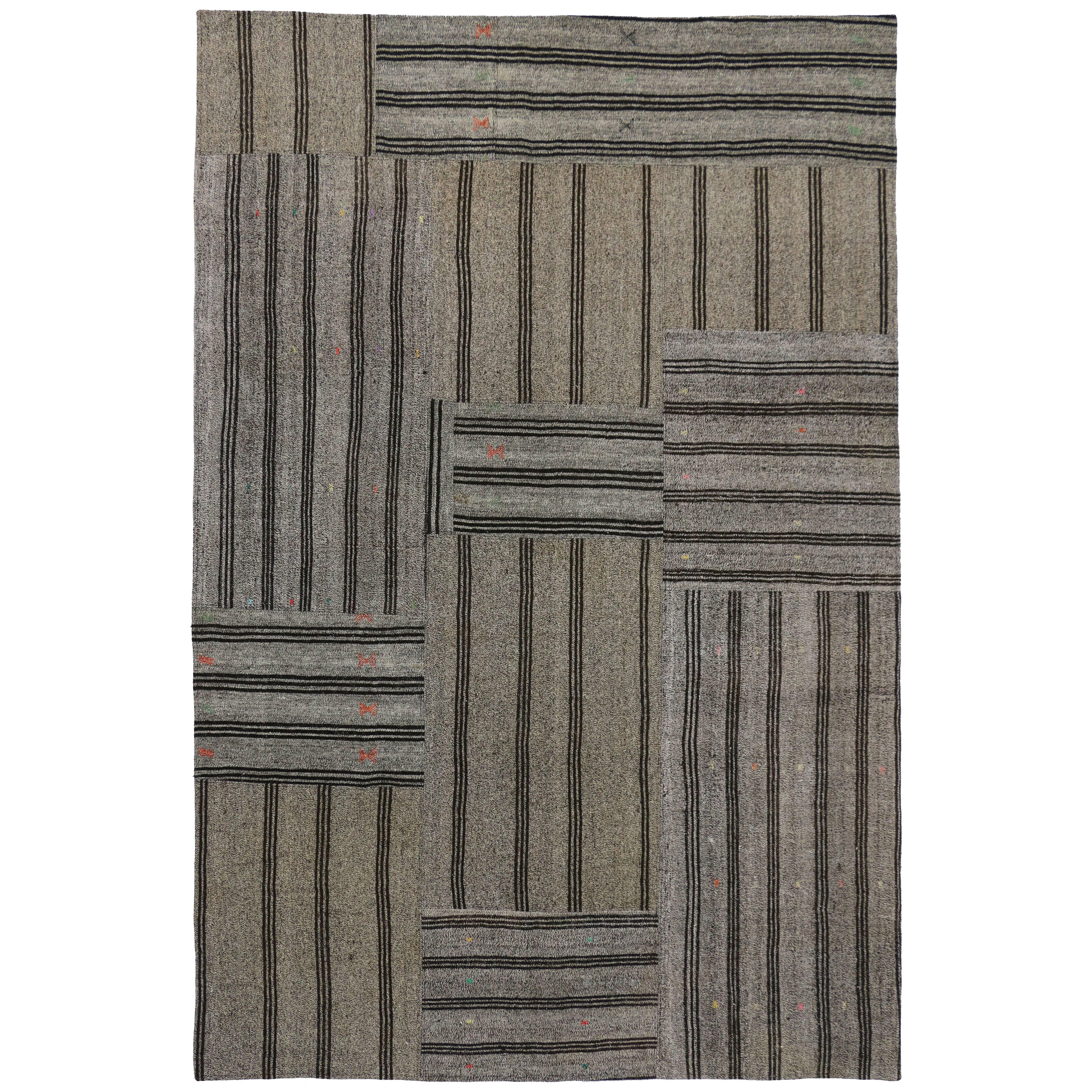 Vintage Turkish Gray Flatweave Kilim Rug with Black Stripes, Flat-weave Rug