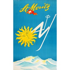 Original Vintage Mid-Century Skiing Poster by Barberis for St Moritz Switzerland