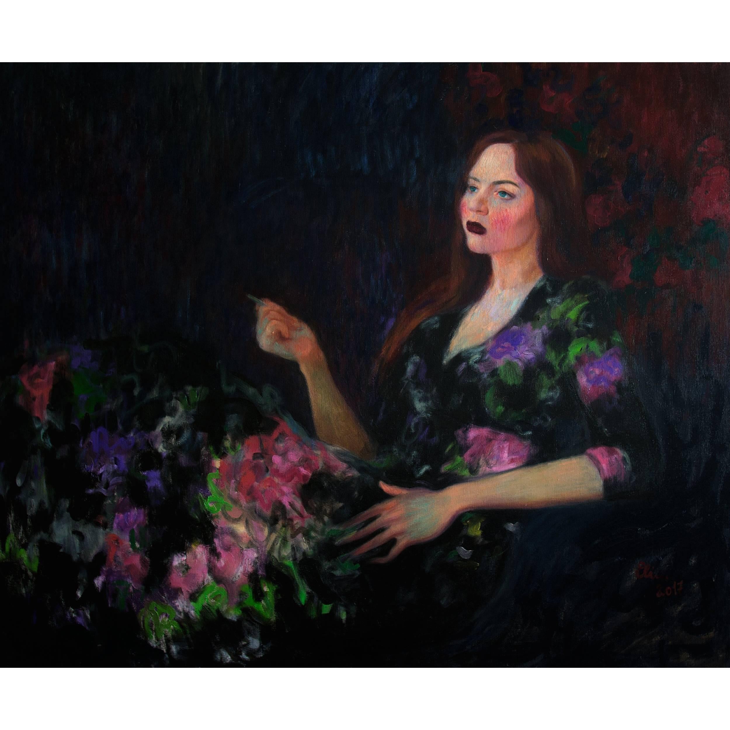 "Woman in Black Floral Dress" Original Oil on Canvas Signed Contemporary Art For Sale