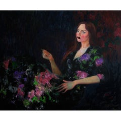 "Woman in Black Floral Dress" Original Oil on Canvas Signed Contemporary Art