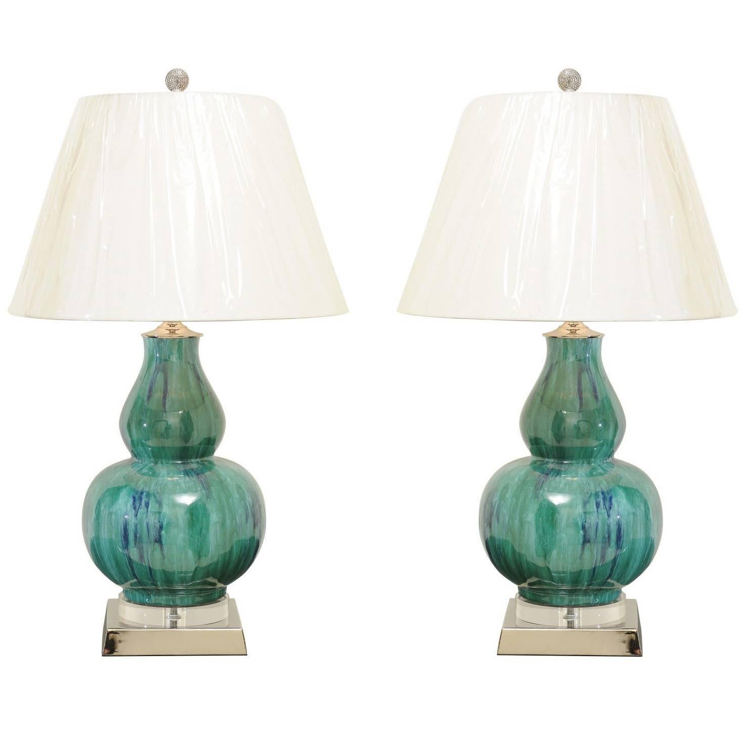 Fantastic Pair of Drip Glaze Gourd Lamps in Turquoise, Teal and Cobalt