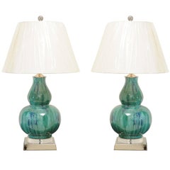 Fantastique paire de lampes gourde à glaçure goutte à goutte en turquoise, sarcelle et cobalt