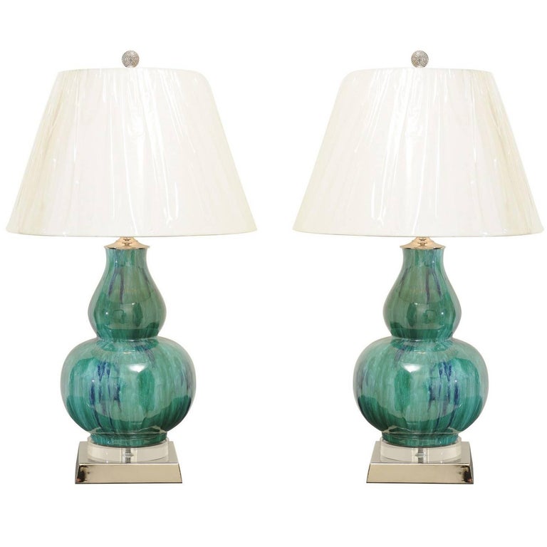Fantastic Pair of Drip Glaze Gourd Lamps in Turquoise, Teal and Cobalt For Sale at 1stDibs