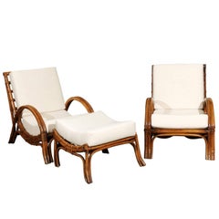 Stylish Restored Pair of Rattan Loungers with Matching Ottoman, circa 1960