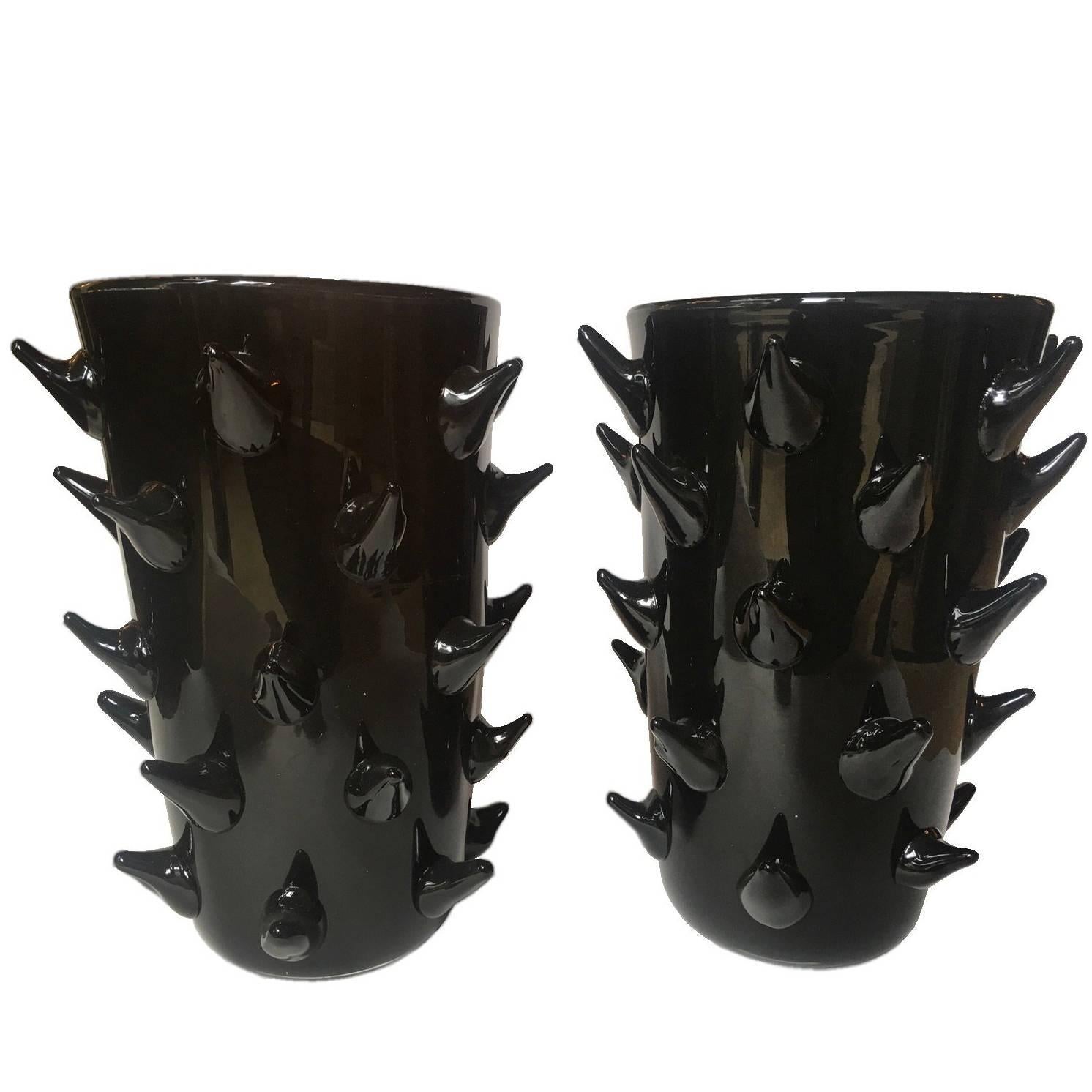 Pair of Signed Costantini, Black Murano Horn Vases 