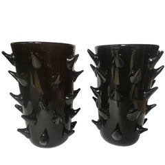 Pair of Signed Costantini, Black Murano Horn Vases 