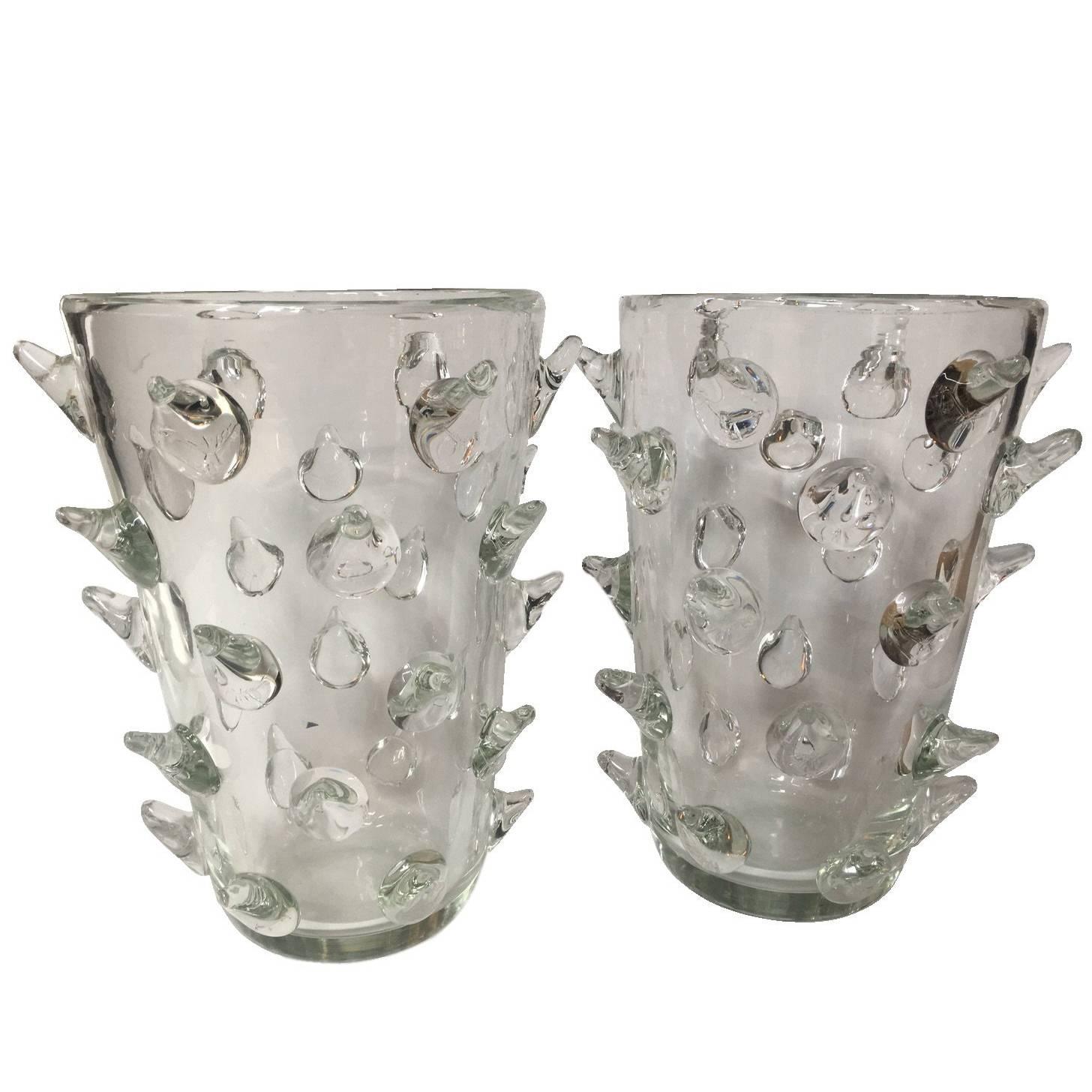 Pair of Signed Costantini, Clear Murano Horn Vases 