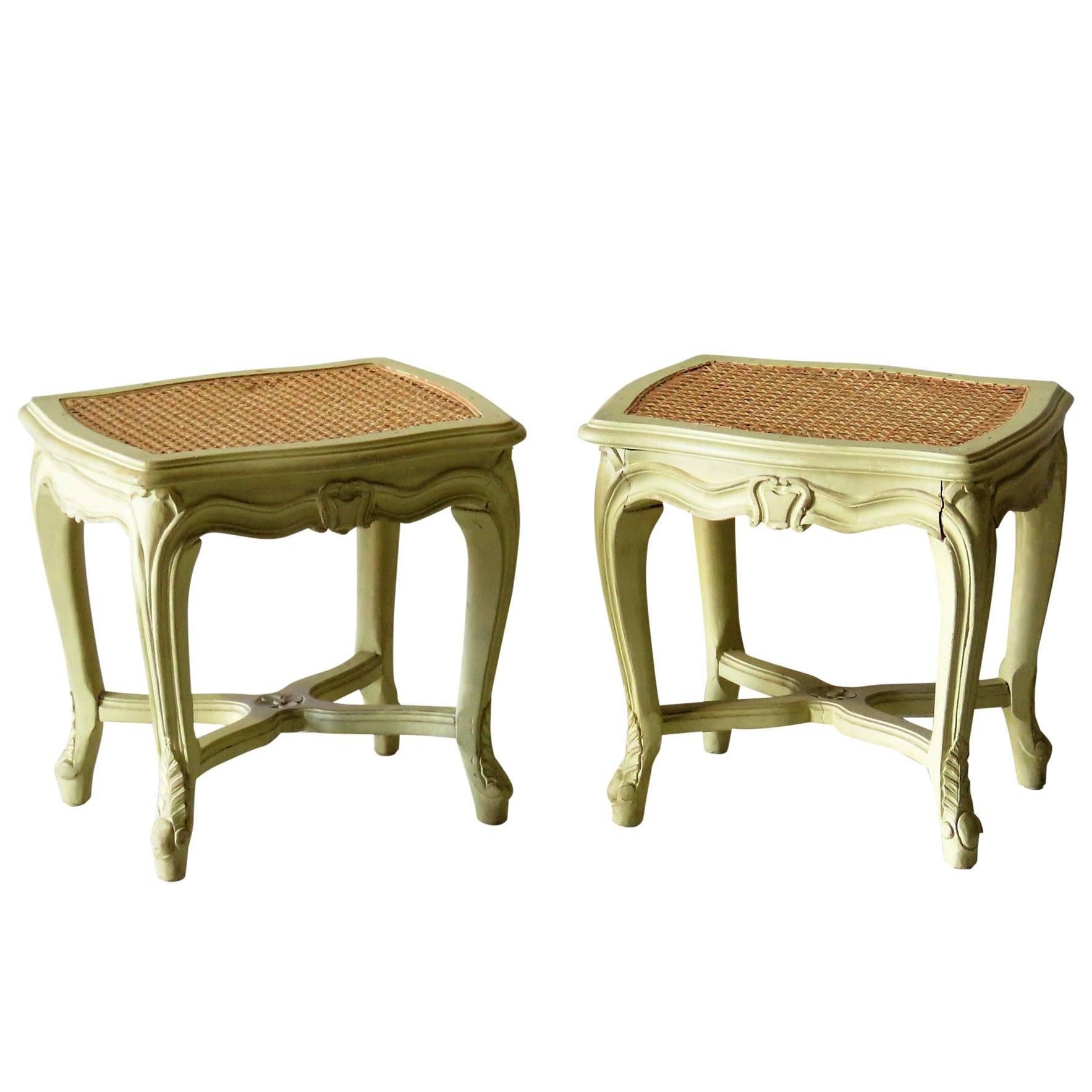 Pair of Louis XVI Style Swedish Style Distressed Painted Caned Stools