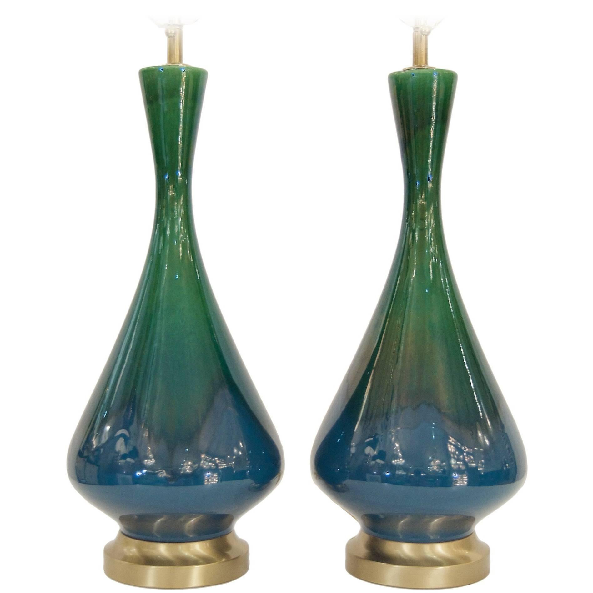 Pair of Blue and Green Drip Glaze Lamps