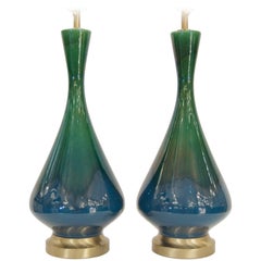 Retro Pair of Blue and Green Drip Glaze Lamps