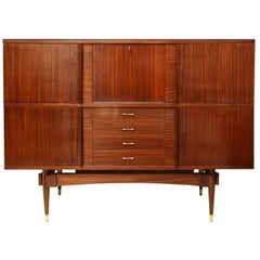 Vintage Italian Sapele Wood Cabinet with Drop Down Bar and Interior Drawers, circa 1970