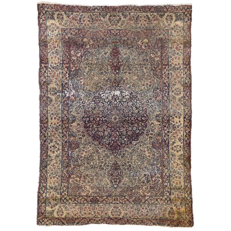 Distressed Antique Kermanshah Persian Rug with Modern Industrial Style