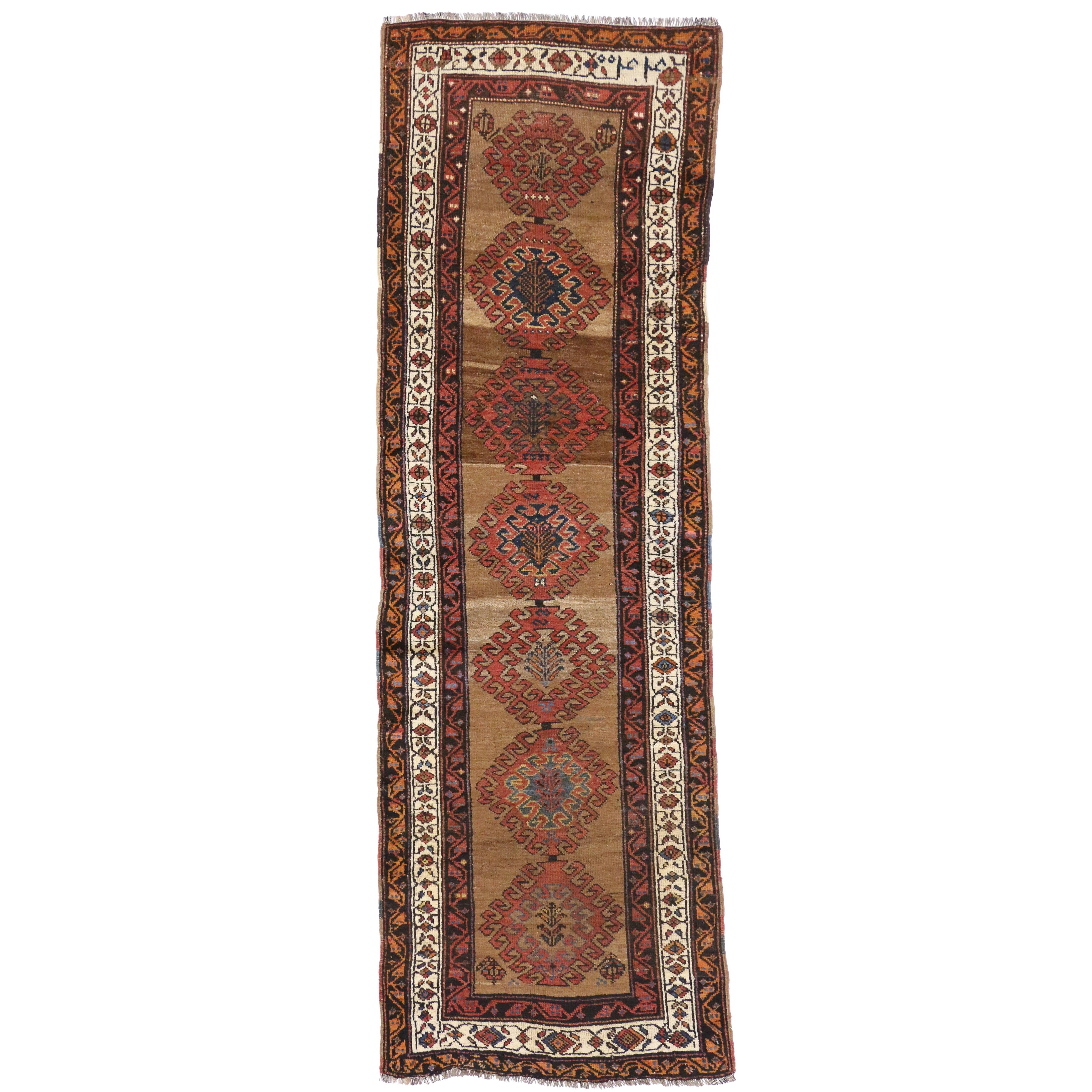 Antique Malayer Persian Runner with Warm Artisan and Mid-Century Modern Style For Sale
