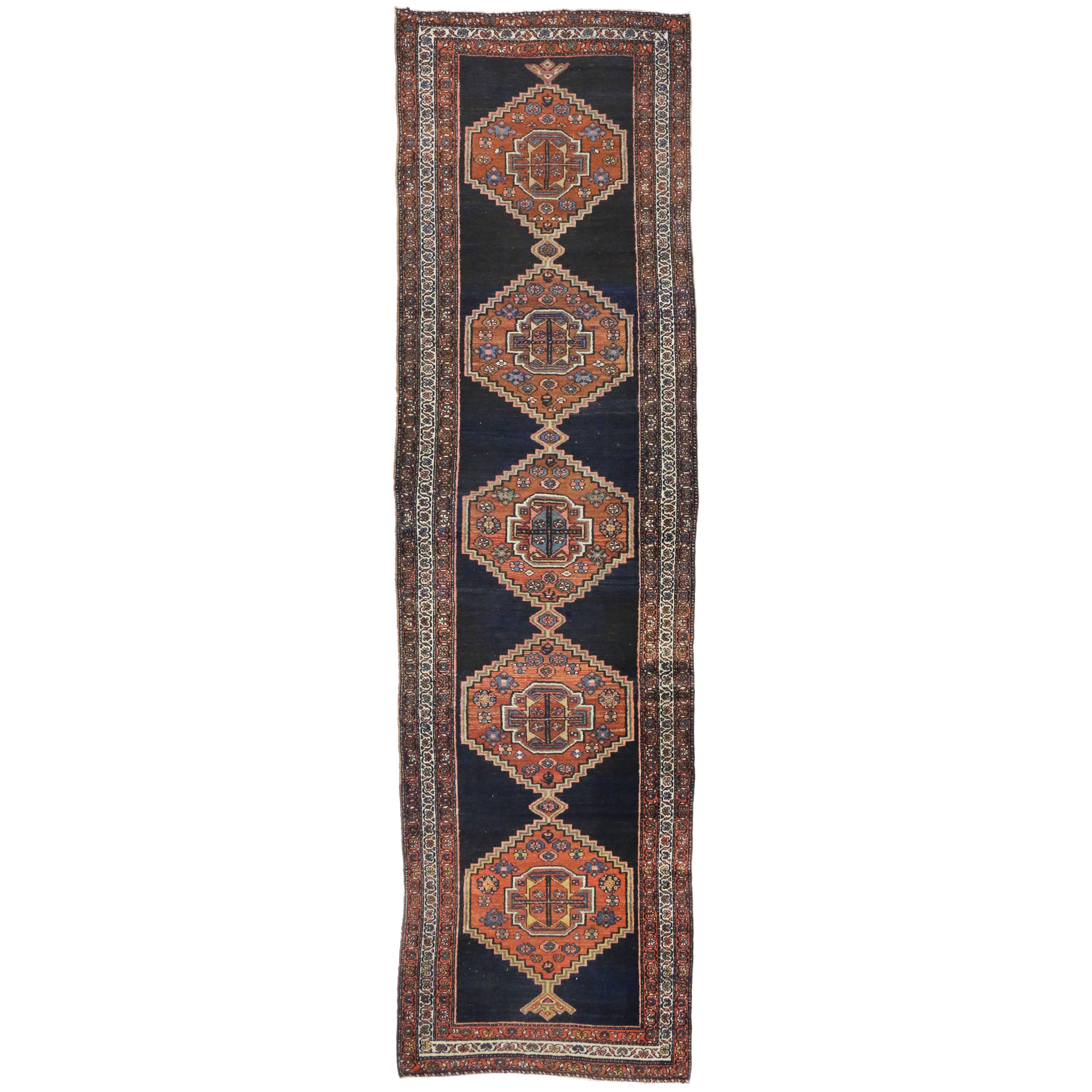 Antique Hamadan Persian Runner with Modern Tribal Style For Sale