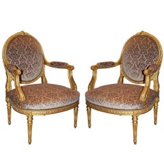 Pair of Late 18th Century Italian Louis XVI Giltwood Marquise Armchairs