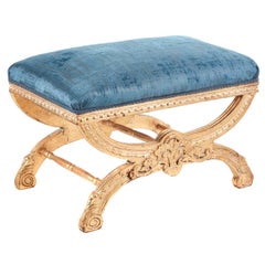 Large Antique Ornate Carved Giltwood X Frame Stool