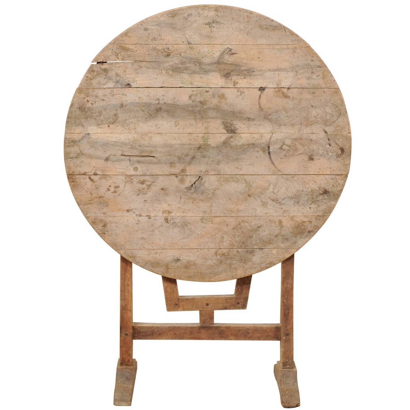 French Natural Light Wood Small Wine Tasting Tilt Top Table with Round Shape