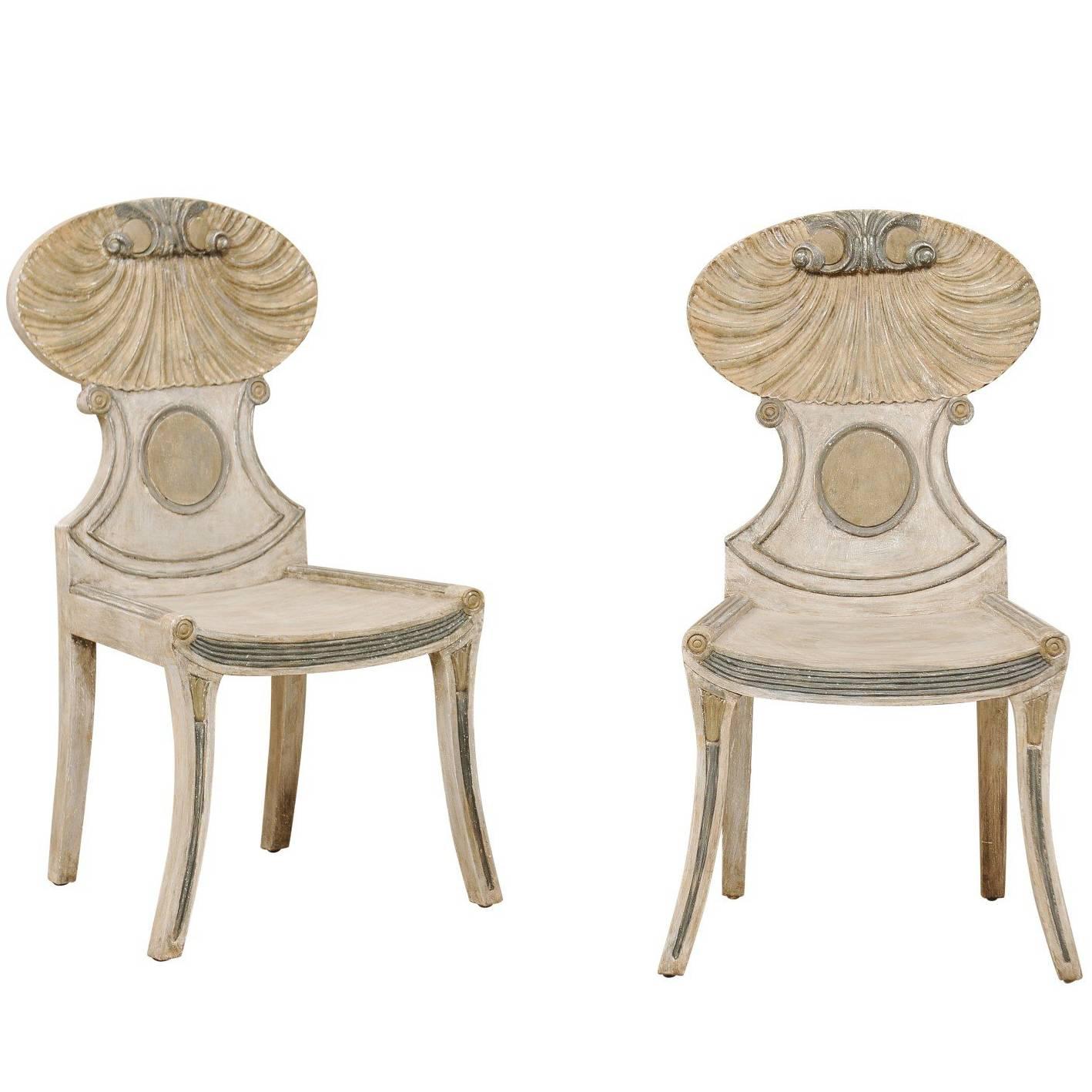 Pair of Vintage Grotto Painted Beige Wood Chairs with Carved Shell Motifs