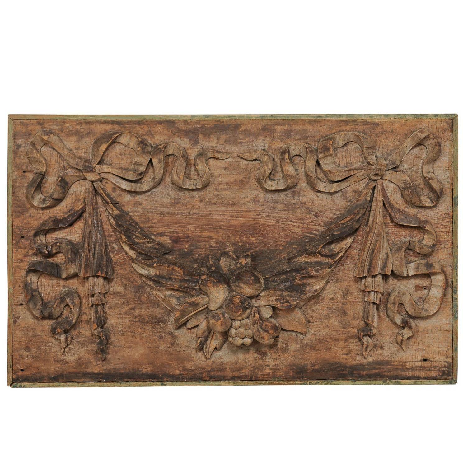 Italian 19th Century Hand-Carved Wood Wall Plaque with Fruit, Swag & Bow Motifs
