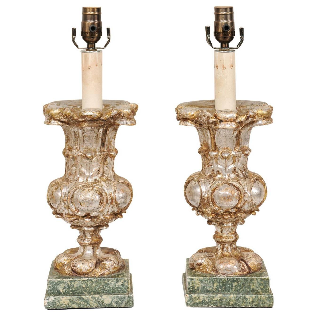 Pair of Italian 19th Century Urn Shaped Wood Table Lamps with Silver Leaf Finish