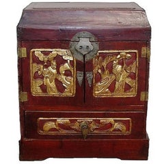 Antique Chinese Jewelry Box with Four Drawers and Gilded Figures