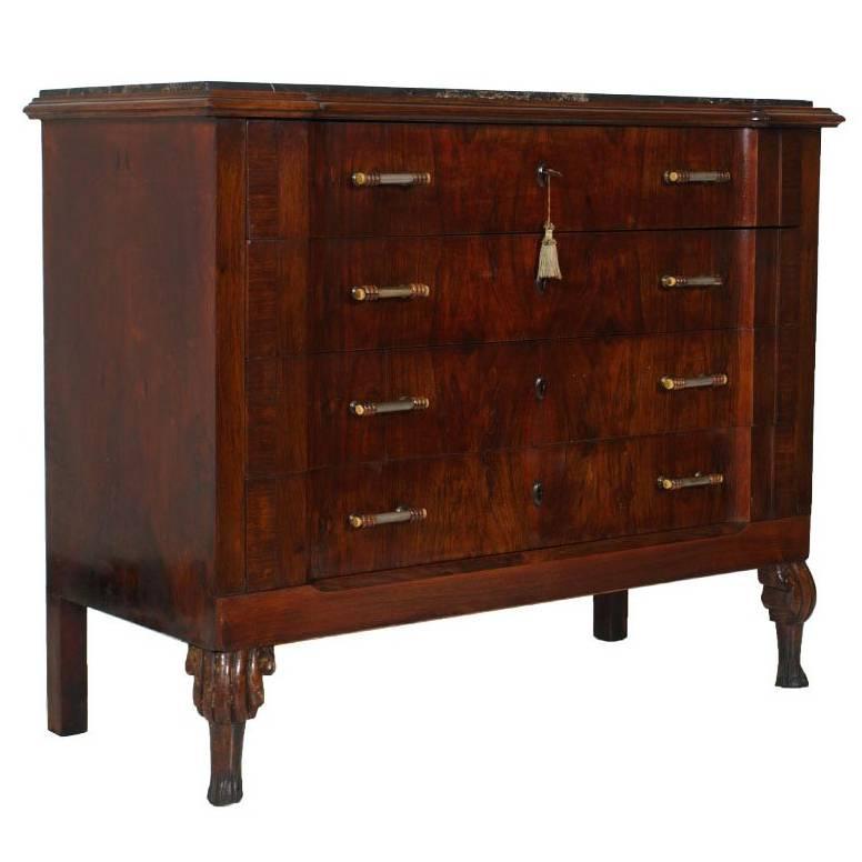 1910s Venetian Eclectic Commode Dresser, carved walnut & Burl Walnut, Marble Top For Sale