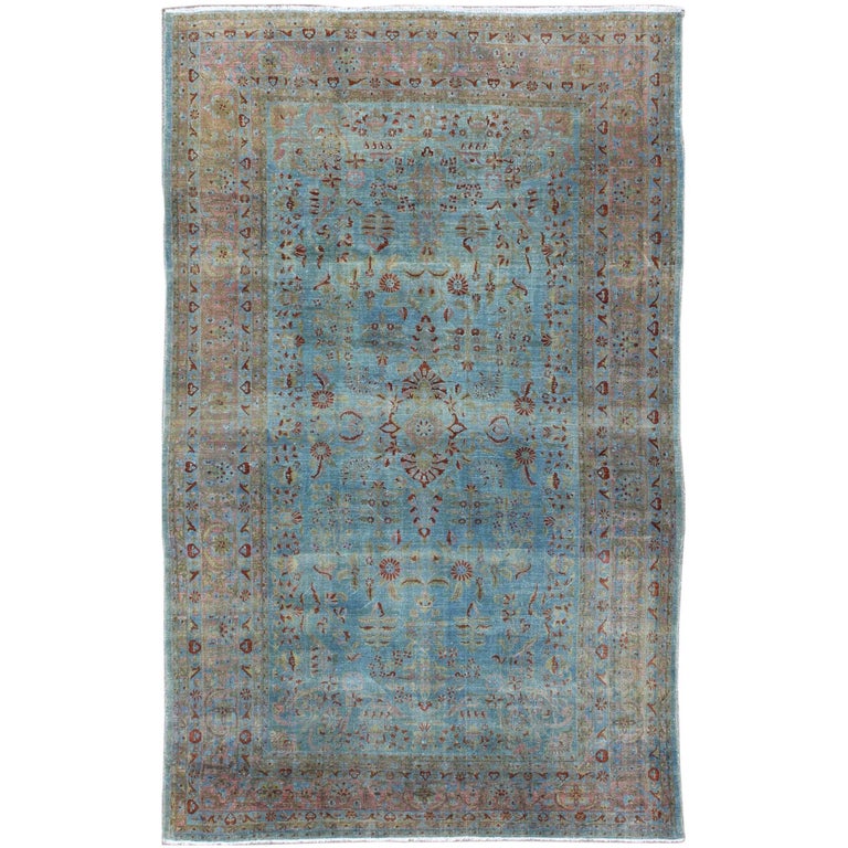 Blue Background Antique Persian Rug with Salmon, Blue and Red For Sale