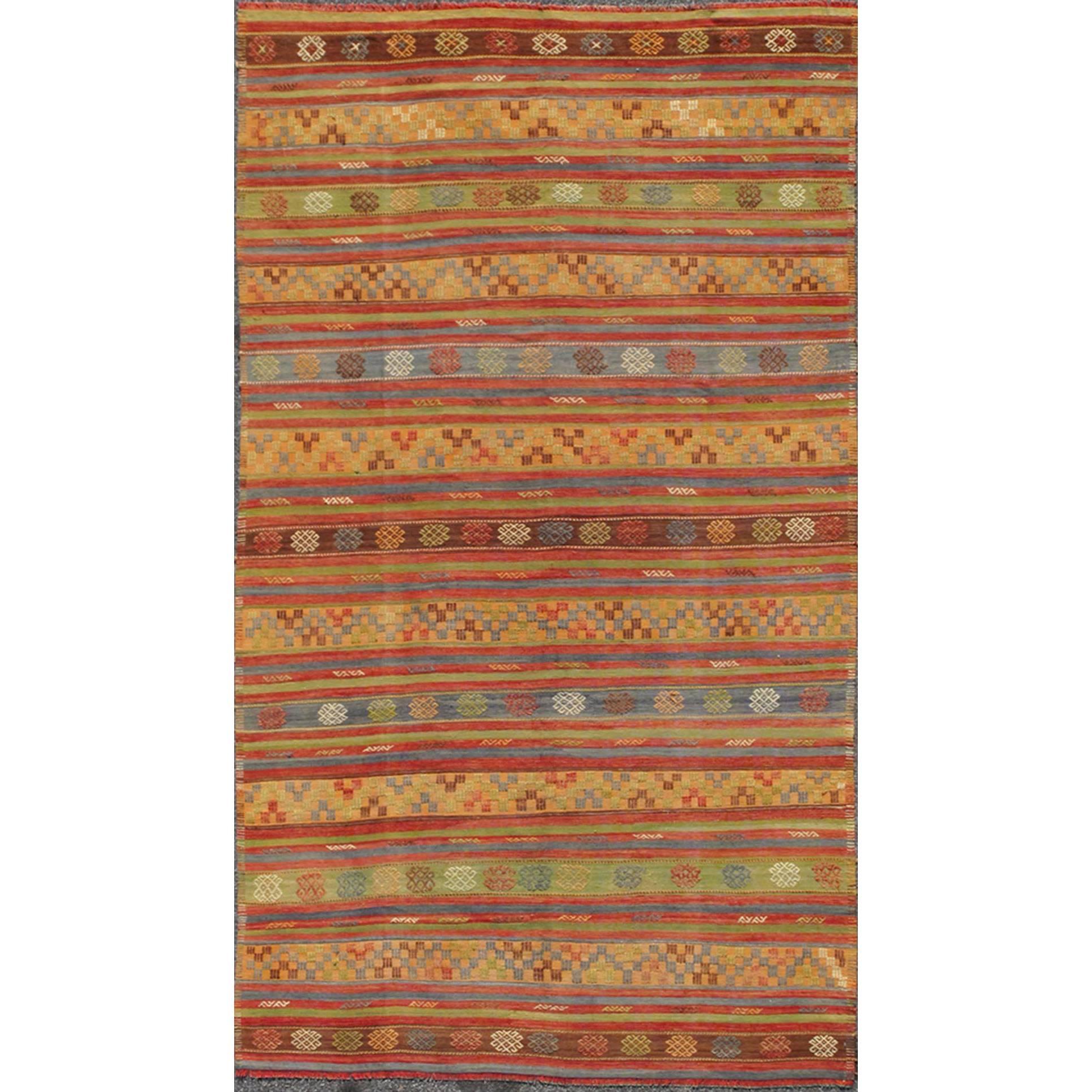 Multicolored Vintage Turkish Kilim Rug with Geometric Shapes and Stripes Design
